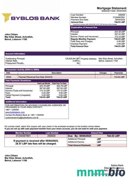 Liban Bank Byblos wyciąg z kredytu hipotecznego szablon Word i PDF